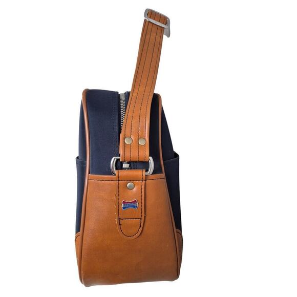 VTG American Luggage Striped Travel Bag Adjustable Strap Blue Brown Vinyl Trim - Picture 7 of 9